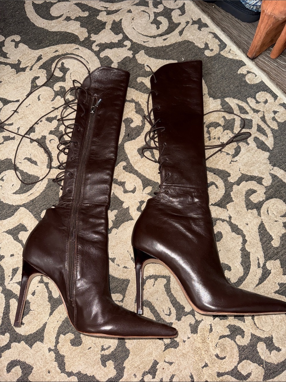 SCHUTZ Dark Brown Pointed-Toe Lace-Up Over-the-Knee Boots